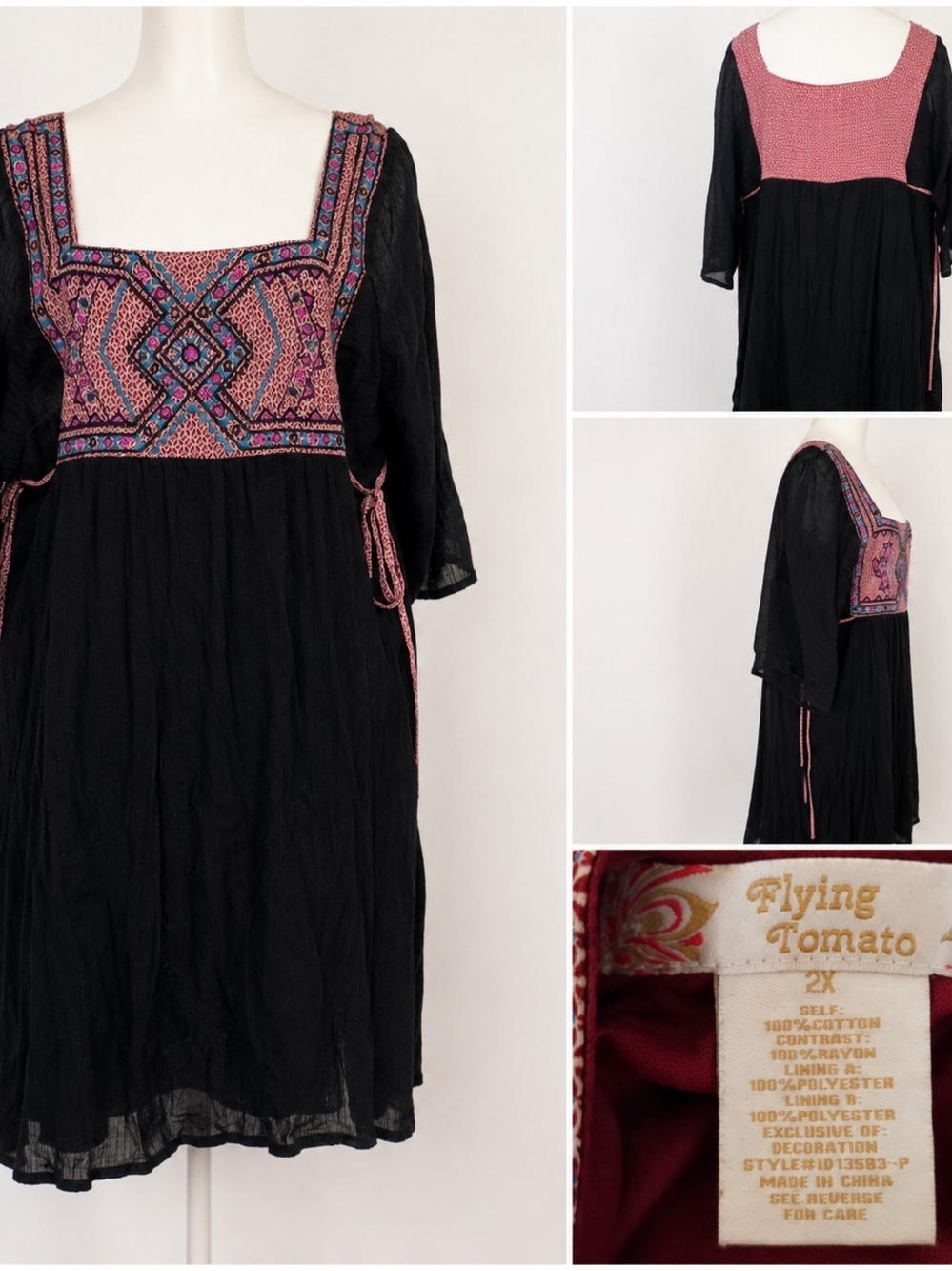 Flying Tomato Black Boho Embroidered Dress 2X Square Neck